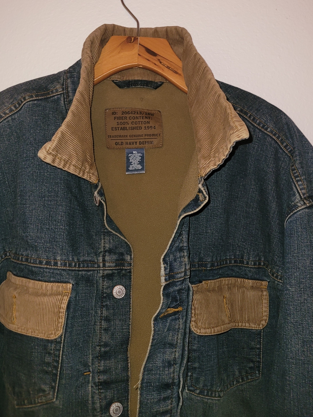 Old Navy Blue Denim Jacket with Olive Lining and Tan Corduroy Trim